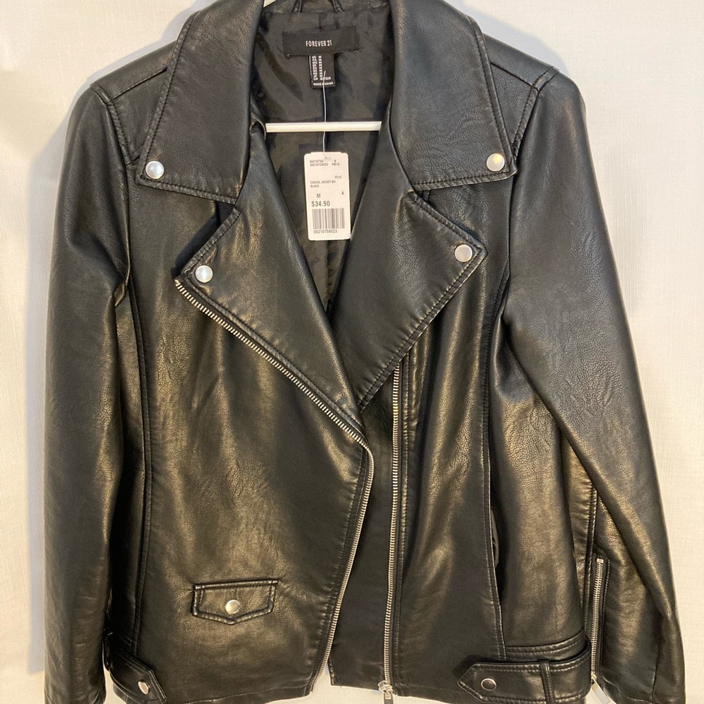 Black longline motorcycle jacket.  Size M by F21.